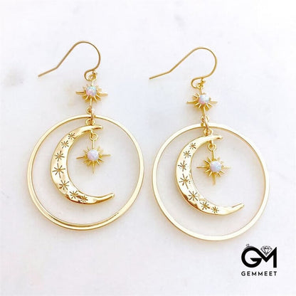 Fashionable Moonstone Moon Sun Pendant Earrings