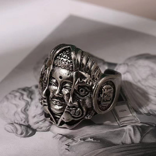 Vintage Three Faces Buddha Adjustable Ring