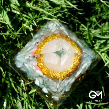 Aquamarine Rose Quartz Lotus Symbol Orgone Pyramid