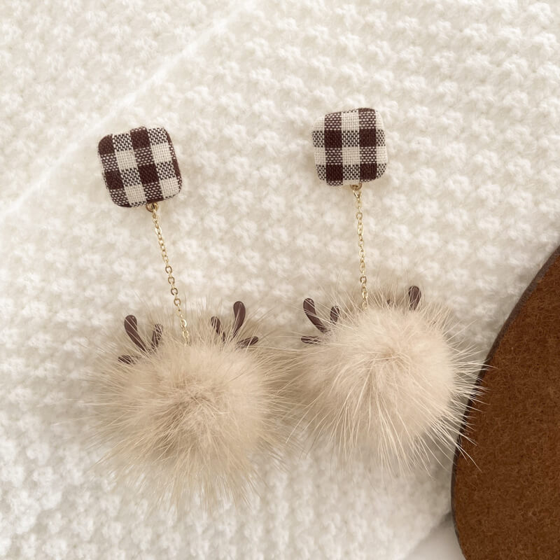 Christmas Elk Fur Ball Brown Girl Sweet Earrings Without Pierced Ear Clips