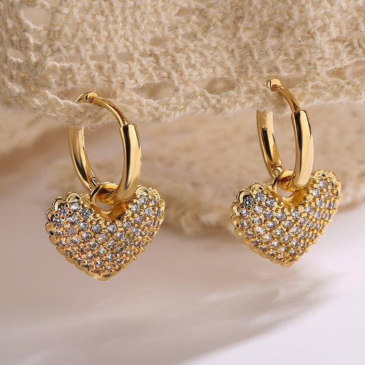 Cute Full Stone Heart Pendant Dangle Earrings