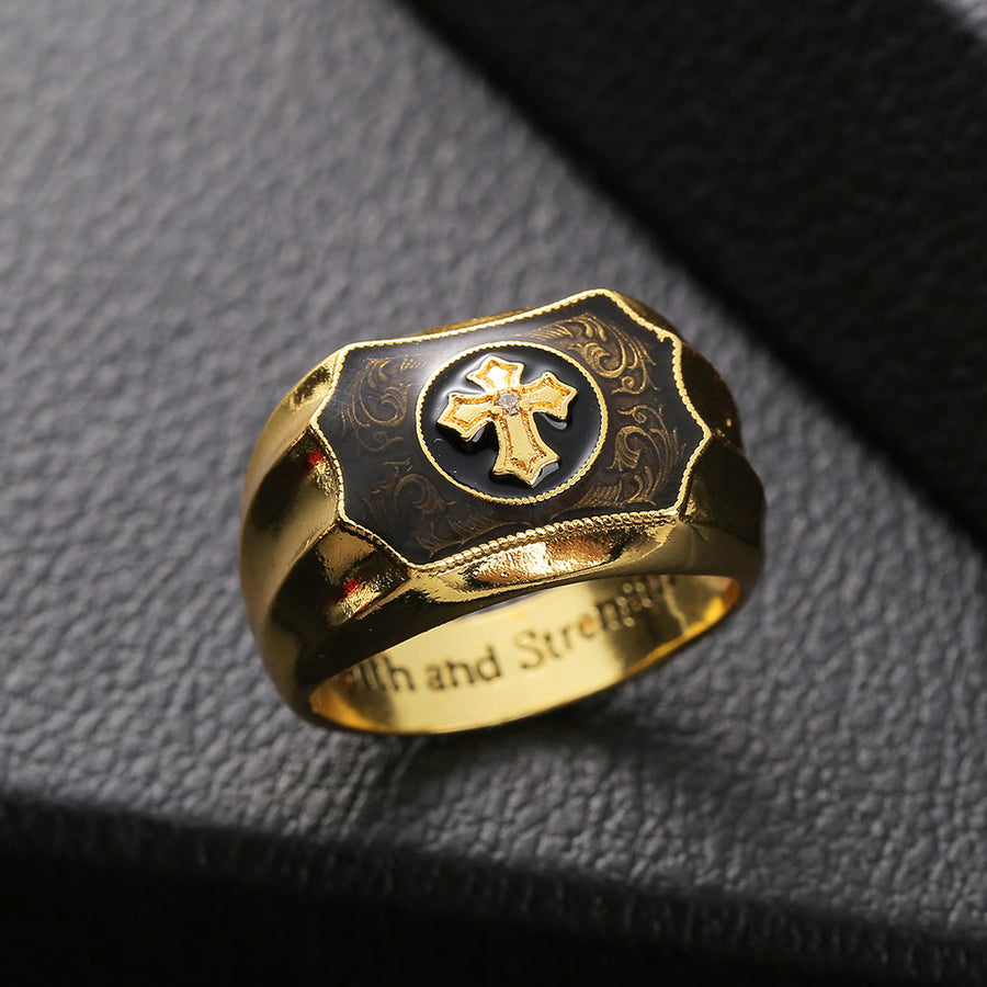 Golden Cross Black Onyx Carved Men Ring