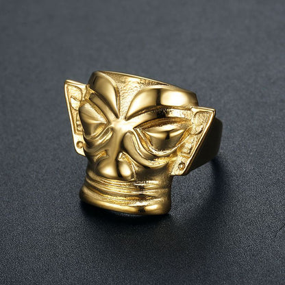 East Sanxingdui Head Gold Mask Retro Men's Ring