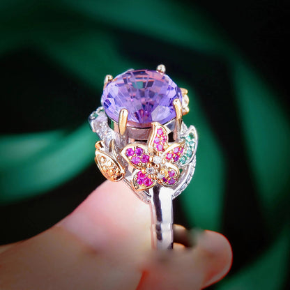 Handmade Purple Zircon Colorful Flowers Adjustable Rings