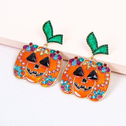 Halloween Creative Fashion New Alloy Inlaid Zircon Oil Drip Pumpkin Head Earrings