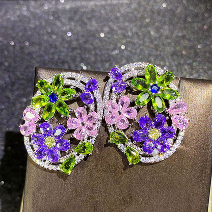 Purple Blossom Floral Earrings Blooming Colorful Zircon Stud Earrings