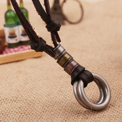 Double Circle Alloy Hardware Vintage Leather Necklace