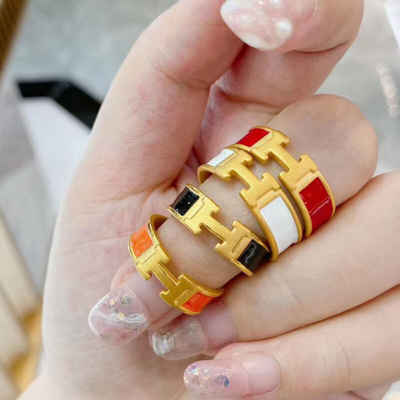 Red Enamel Color Epoxy Women's Fashion H Letter Open Ring 3D Gold Color Ring