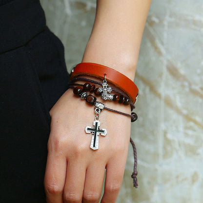 Double Cross Multilayer Leather Bracelet Simple Retro Leather Bracelet