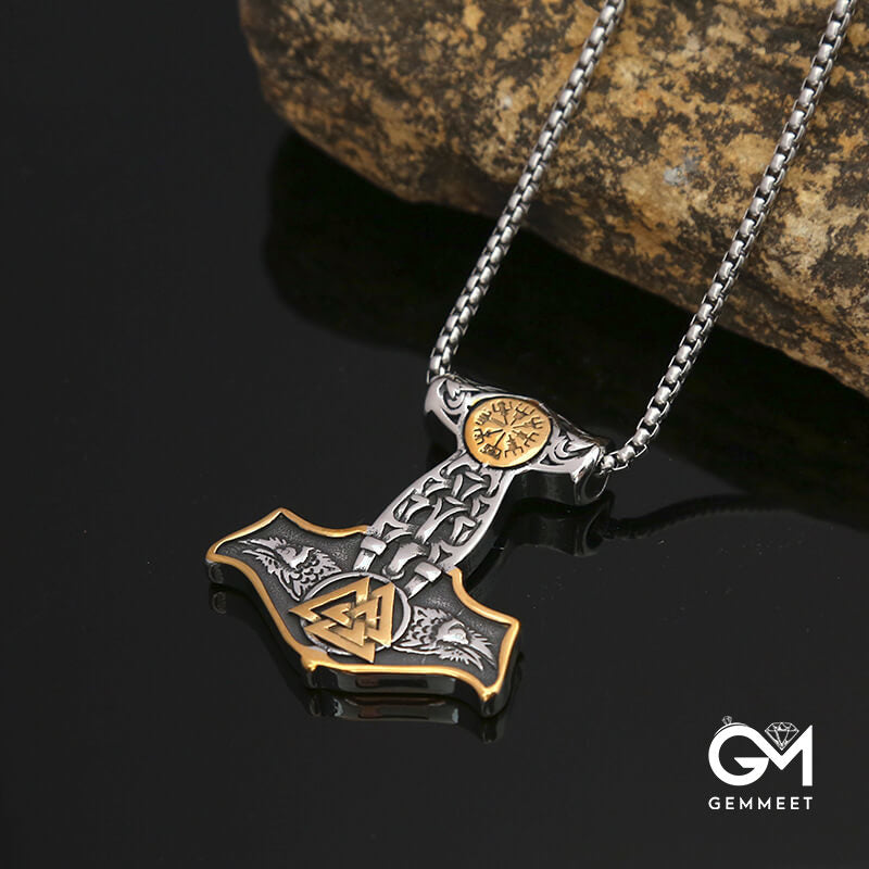 Viking Thor Hammer Titanium Steel Triangle Rune Necklace