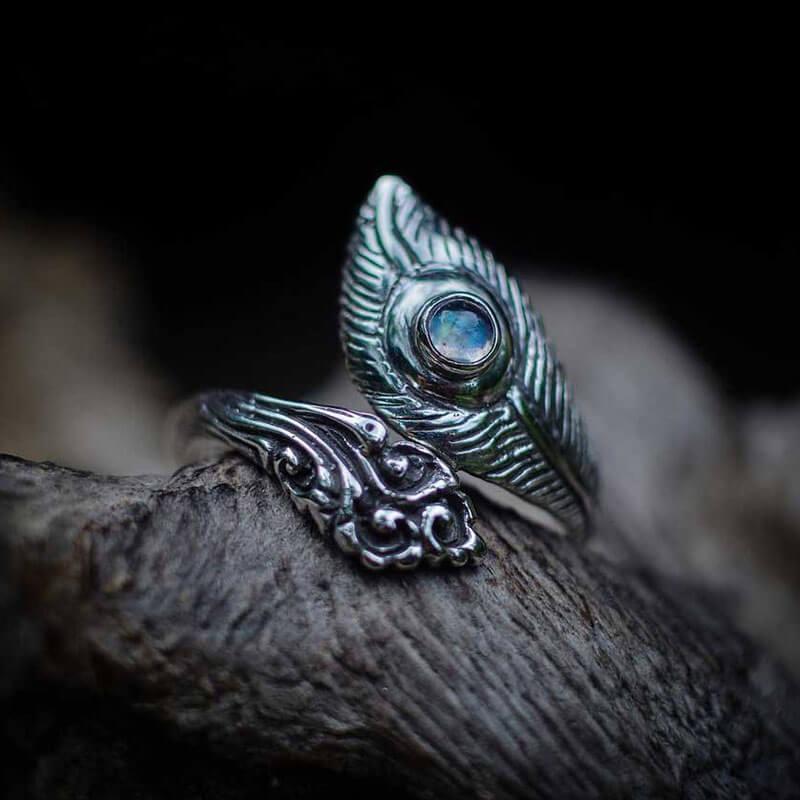 Evil Eye Feather Shape Adjustable Ring