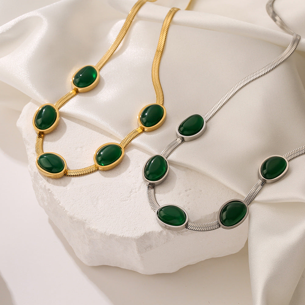 Oval Cut Green Stones Flake Chain Necklace