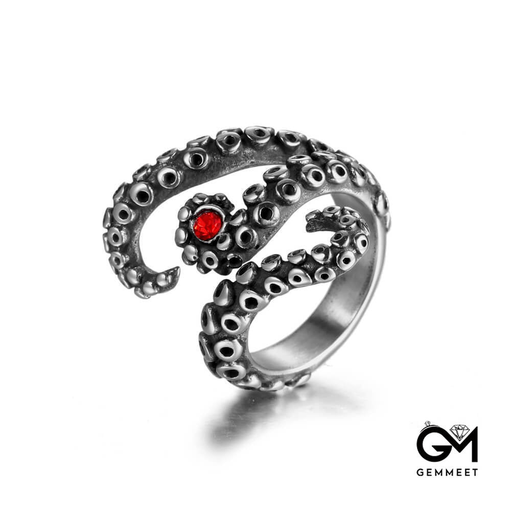 Stainless Steel Red Zircon Octopus Beard Ring