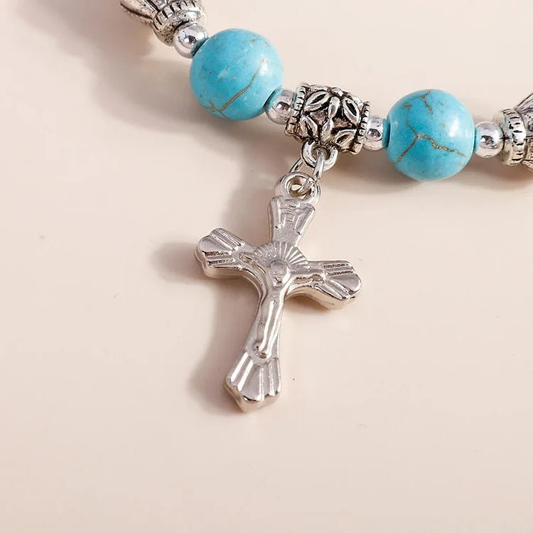 Turquoise Beaded Silver Cross Pendant Bracelet