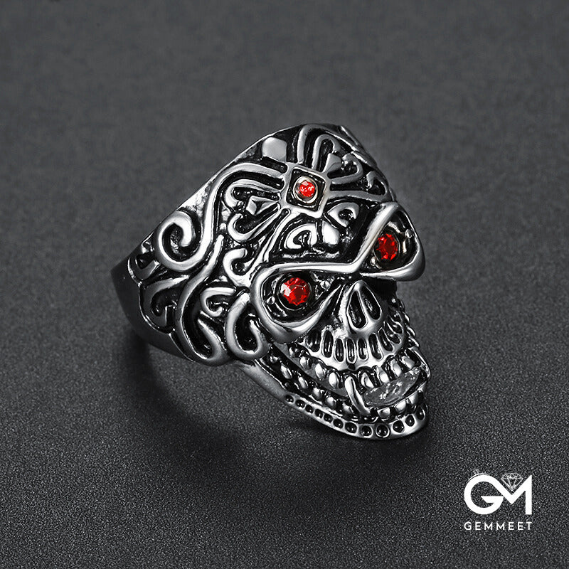 Stainless Steel Skull Red Zircon Eye Ring