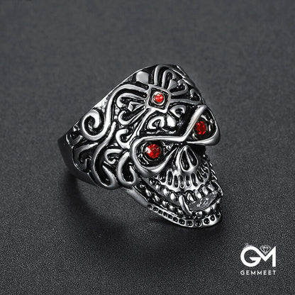 Stainless Steel Skull Red Zircon Eye Ring