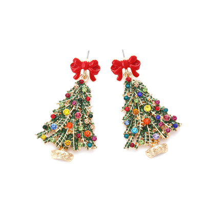 Christmas Earrings Alloy Drip Oil Bow Knot Christmas Tree Inlaid Color Zircon Earrings