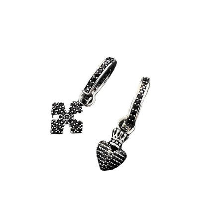 Vintage Black Zircon Cross Crown Love Asymmetric Earrings