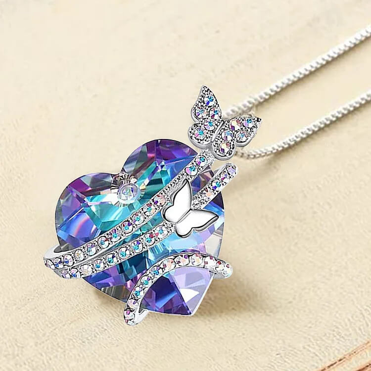 Heart With Butterfly Rhinestone Necklace