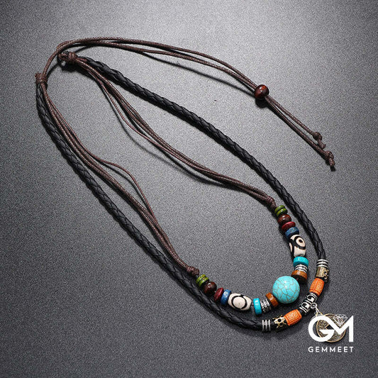 Men's Necklace with Beaded Braided Leather Bronze Coin Pendant