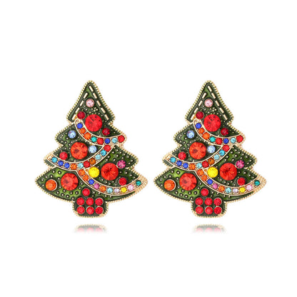 Christmas New Cute Earrings Colorful Zircon Imitation Pearl Christmas Tree Earrings Fashion Alloy Oil Drip Earrings