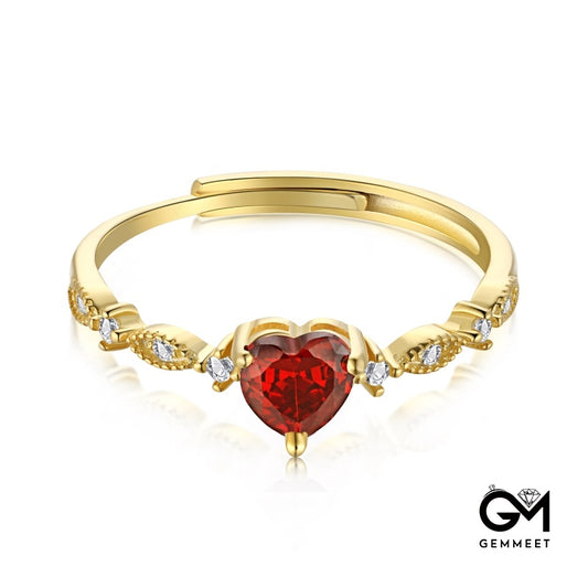 S925 Sterling Silver Heart-shaped Red Zircon Ring