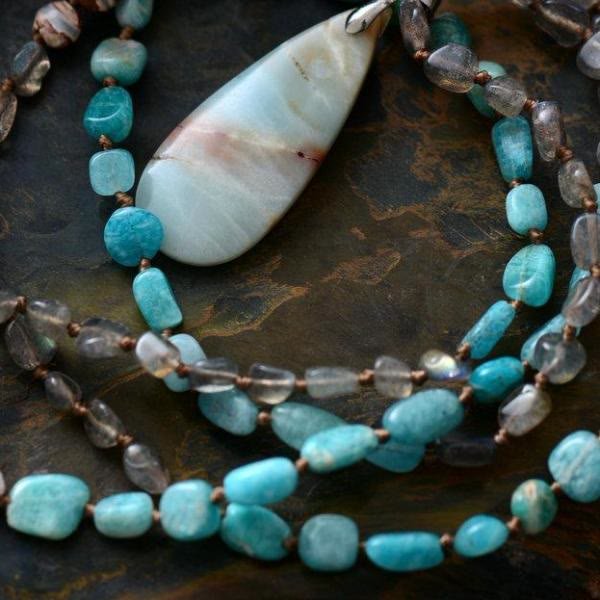 Amazonite Labradorite Agate Crystal Stone Mala Pendant