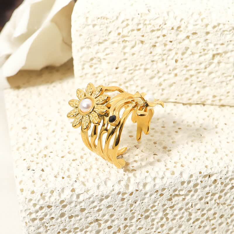 Women's 18K Gold Plated Pearl Sunflower Ring