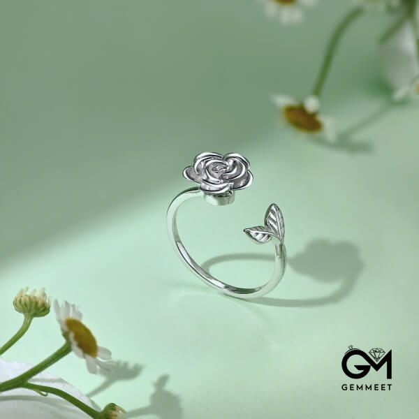 S925 Sterling Silver Rose Leaf Flower Ring