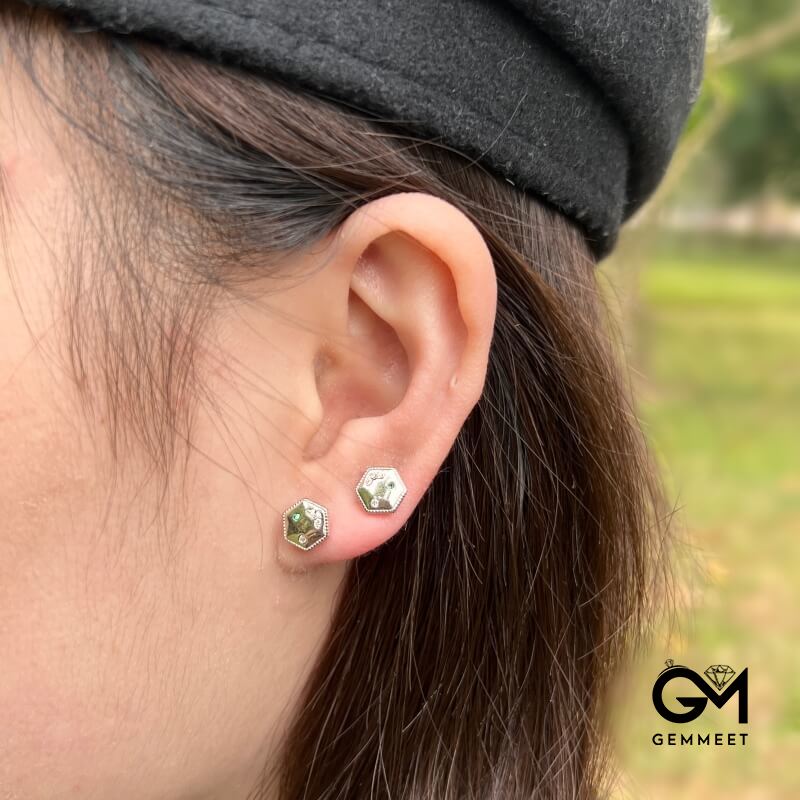 S925 Sterling Silver Hexagonal Green White Zircon Earrings