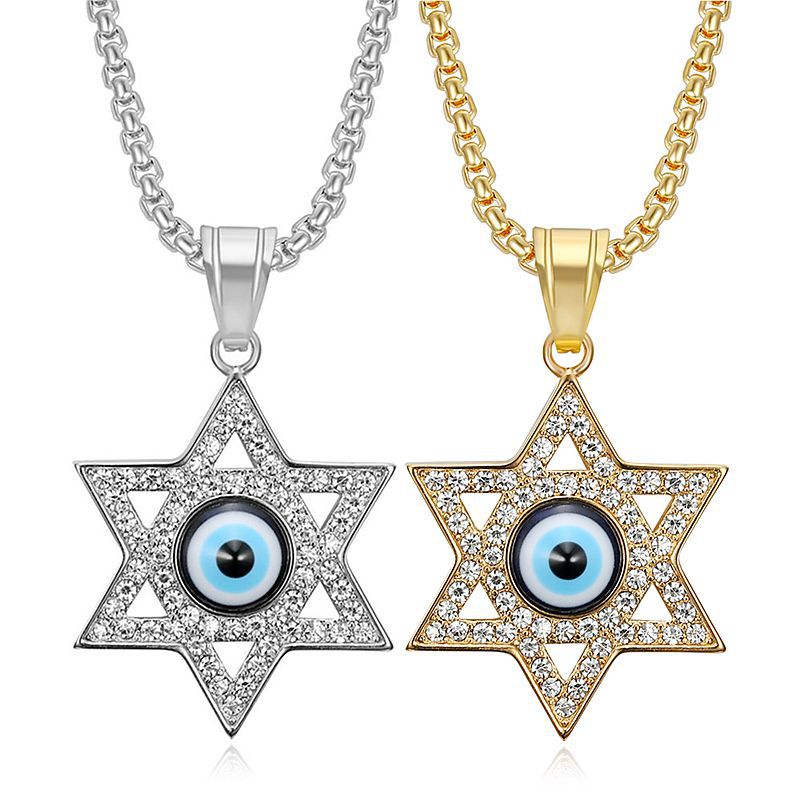 Hip Hop Gold Plated Zirconia Blue Eye Hexagram Pendant