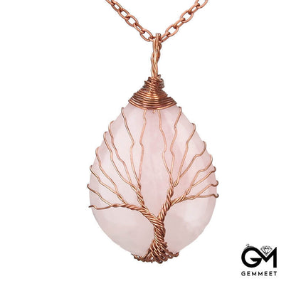 Wrap Silk Tree of Life Pink Crystal  Drop Necklace