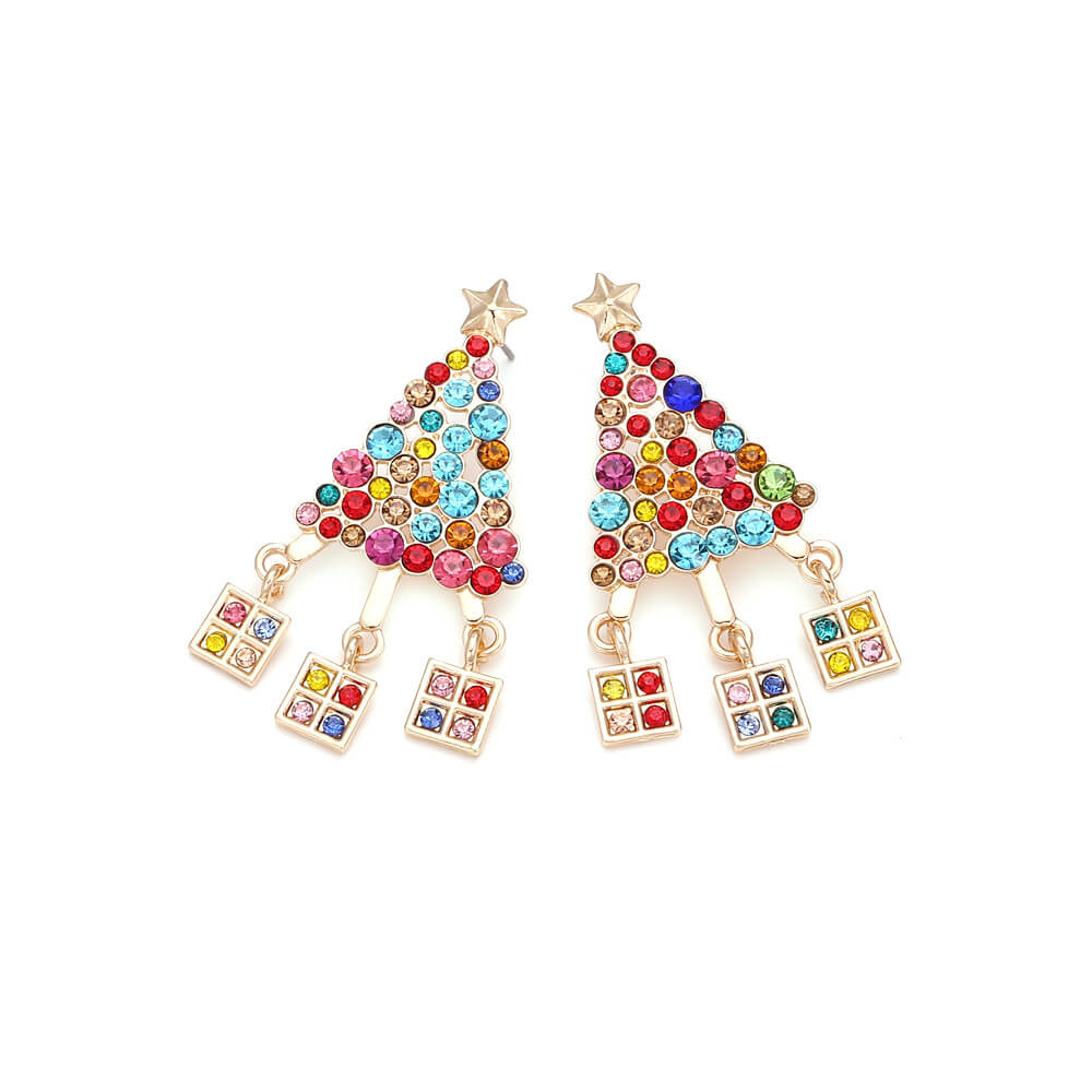 Christmas Color Zircon Christmas Tree Earrings Personalized Creative Alloy Inlaid Zircon Five-pointed Star Gift Box Earrings