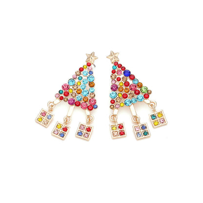 Christmas Color Zircon Christmas Tree Earrings Personalized Creative Alloy Inlaid Zircon Five-pointed Star Gift Box Earrings