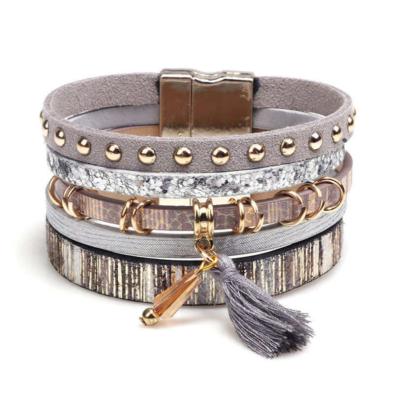 Fashion Multi-Layered Tassel Leather Personality Extra Wide Magnetic Buckle Bracelet