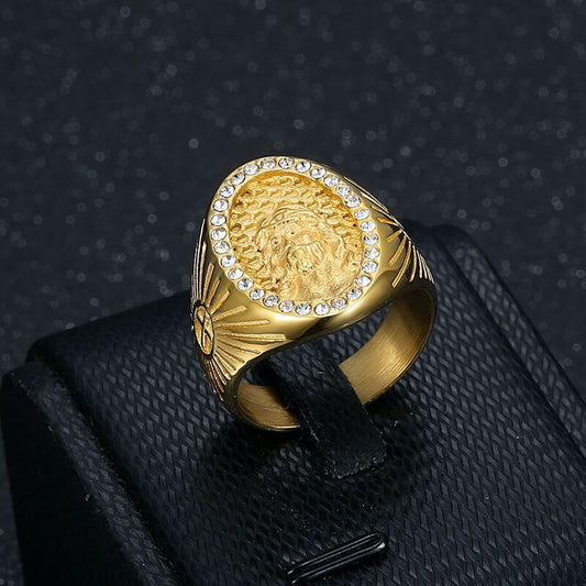 HIPHOP Ring Vacuum Gold-plated Inlaid Zircon Jesus Ring