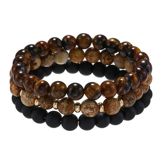 3Pcs Picture Jasper Tiger Eye Black Onyx Beaded Bracelets