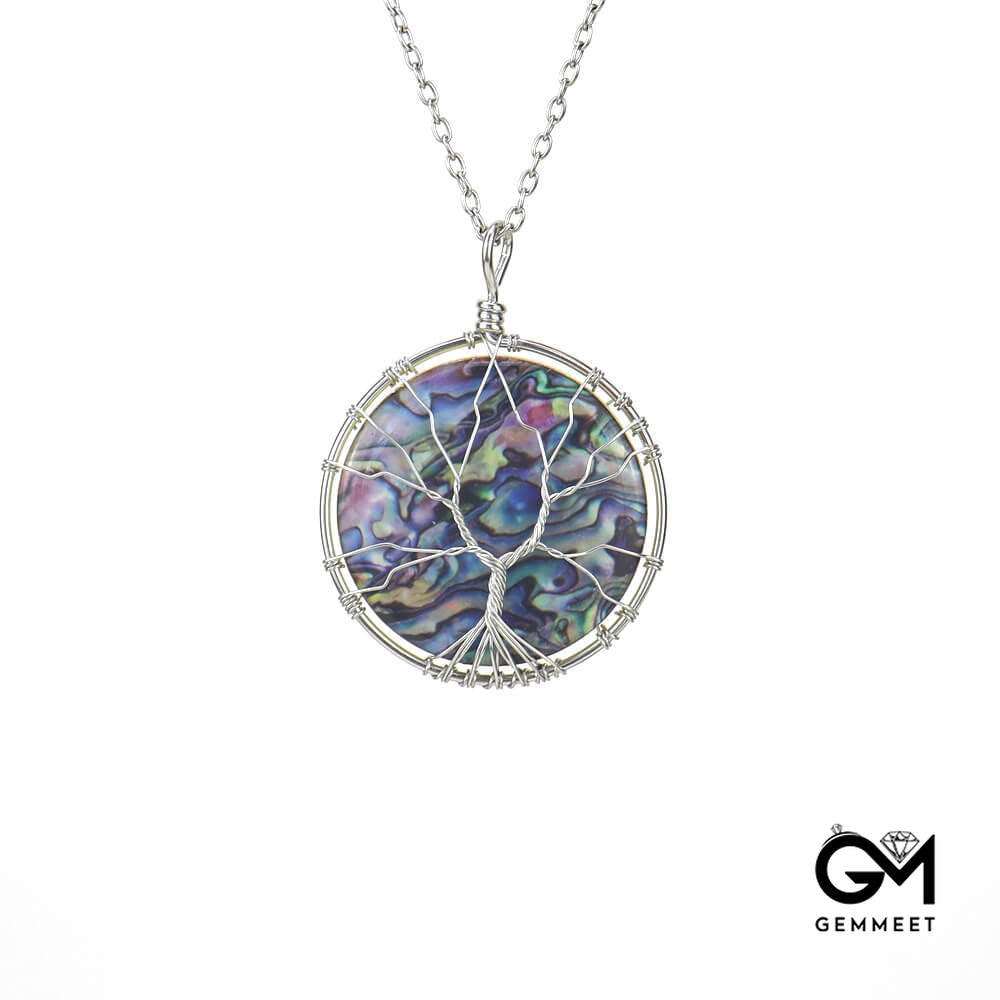 Synthetic Abalone Shell Tree of Life Disc Pendant Necklace