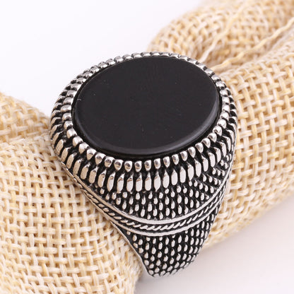 Vintage Stainless Steel Black Stone Ring for Men