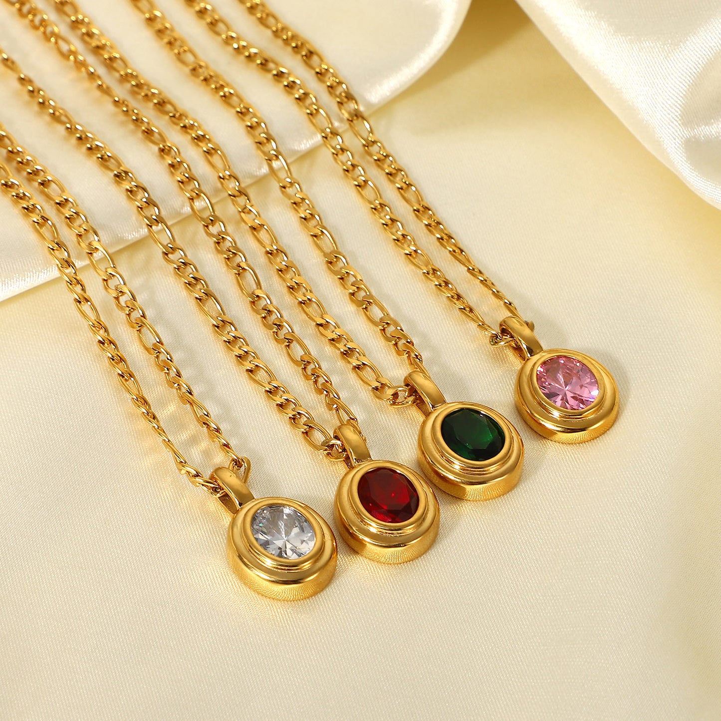 Color Oval Stone Halo Pendant Chain Necklace