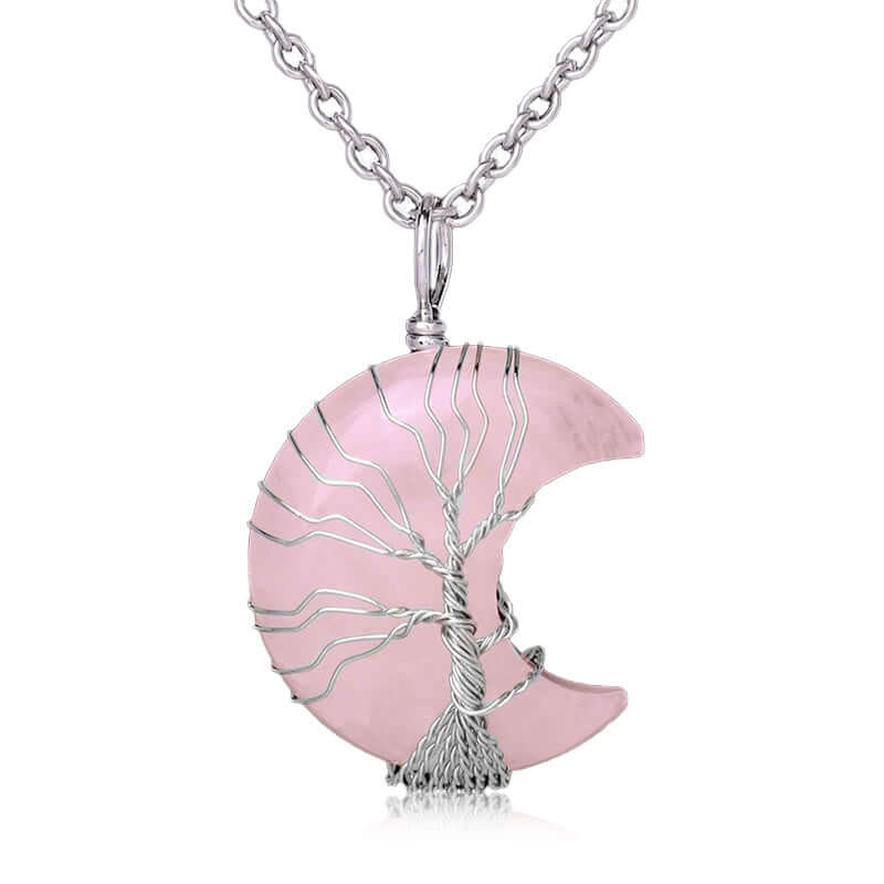 Natural Quartz Crystal Moon Tree Of Life Healing Energy Necklace Pendant