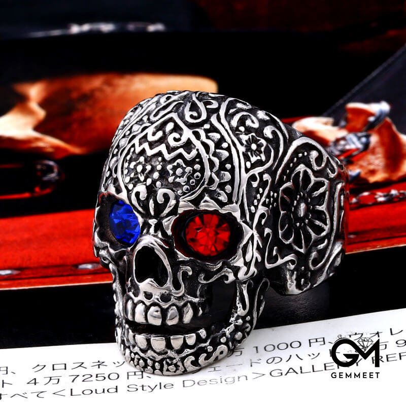 Titanium Steel Inlaid with Zircon Carved Skull Ring