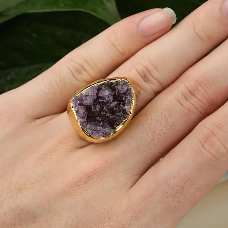 Gold Natural Amethyst Adjustable Gemstone Ring