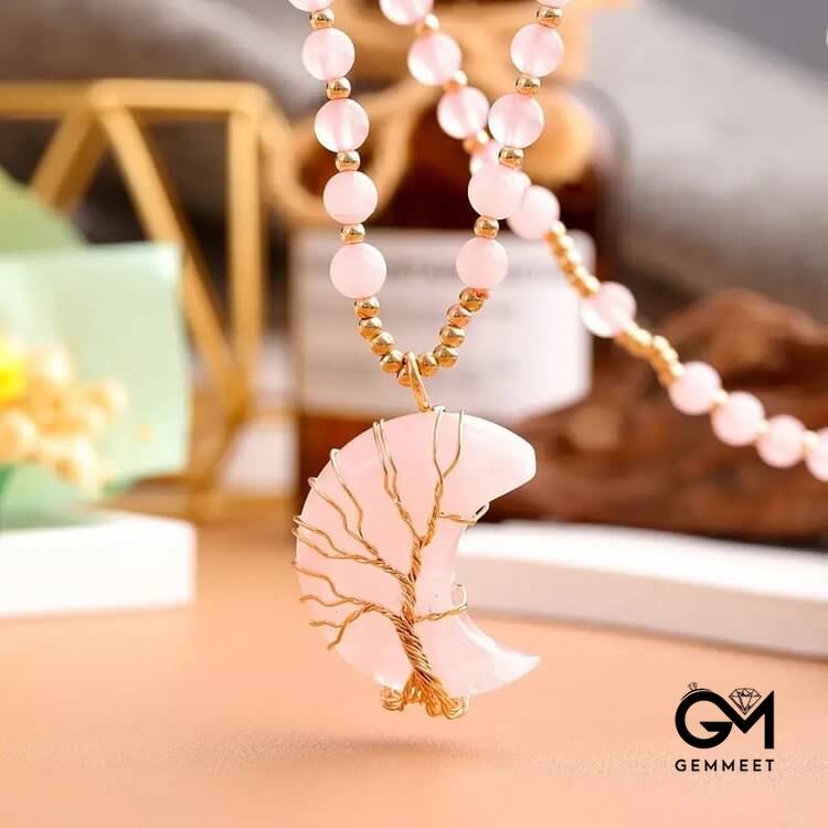 Moon Shape Crystal Tree Of Life Beads Necklace