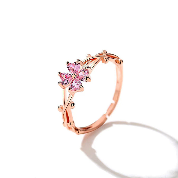 Crystal Four-Leaf Clover Love Peach Blossom Ring