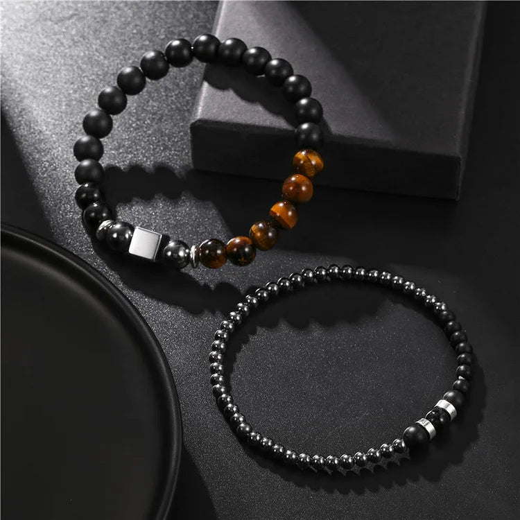 Frosted Tiger Eye Black Cube Stretch Bracelet Set