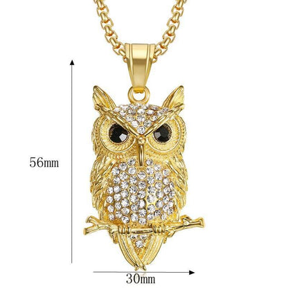 HIPHOP Jewelry Titanium Steel Gold Plated Inlaid Zircon Owl Pendant