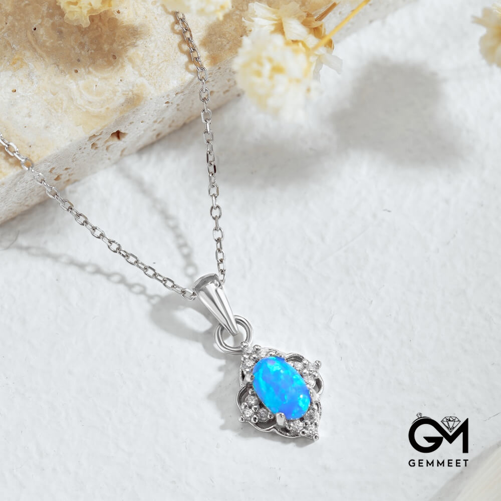 S925 Sterling Silver Blue Oval Opal Hollow Lace Necklace