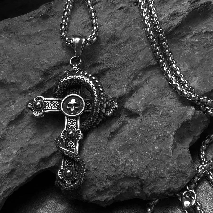 Mens Skull Dragon Cross Necklace