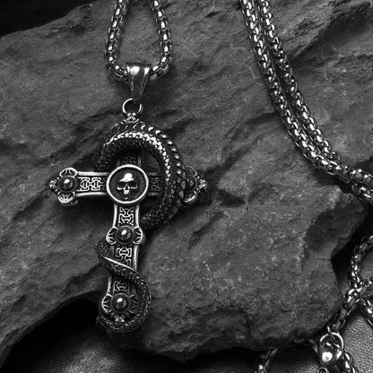 Mens Skull Dragon Cross Necklace